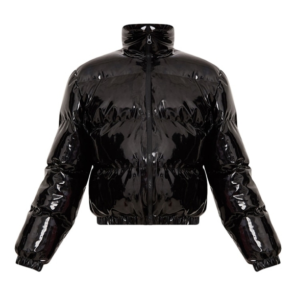 PRETTYLITTLETHING Black Cropped Vinyl Puffer Jacket - Picture 3 of 3